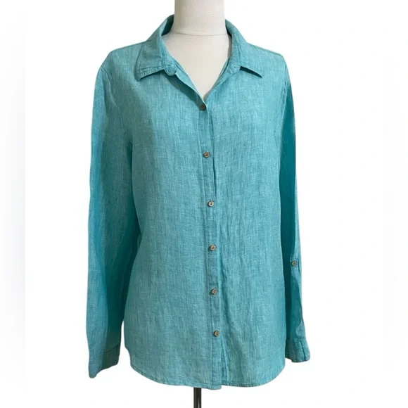 ๐ผJONES NY Green Turquoise Linen Classic Long Sleeve Button Down Shirt Medium - Picture 1 of 11
